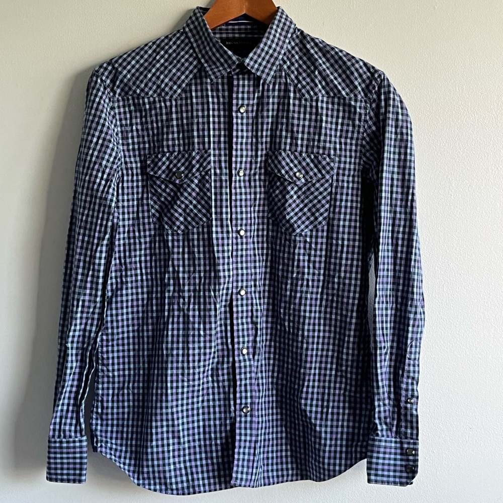 Banana Republic Men’s Western Shirt Pearl Snap Blue Purple Plaid Rockabilly M